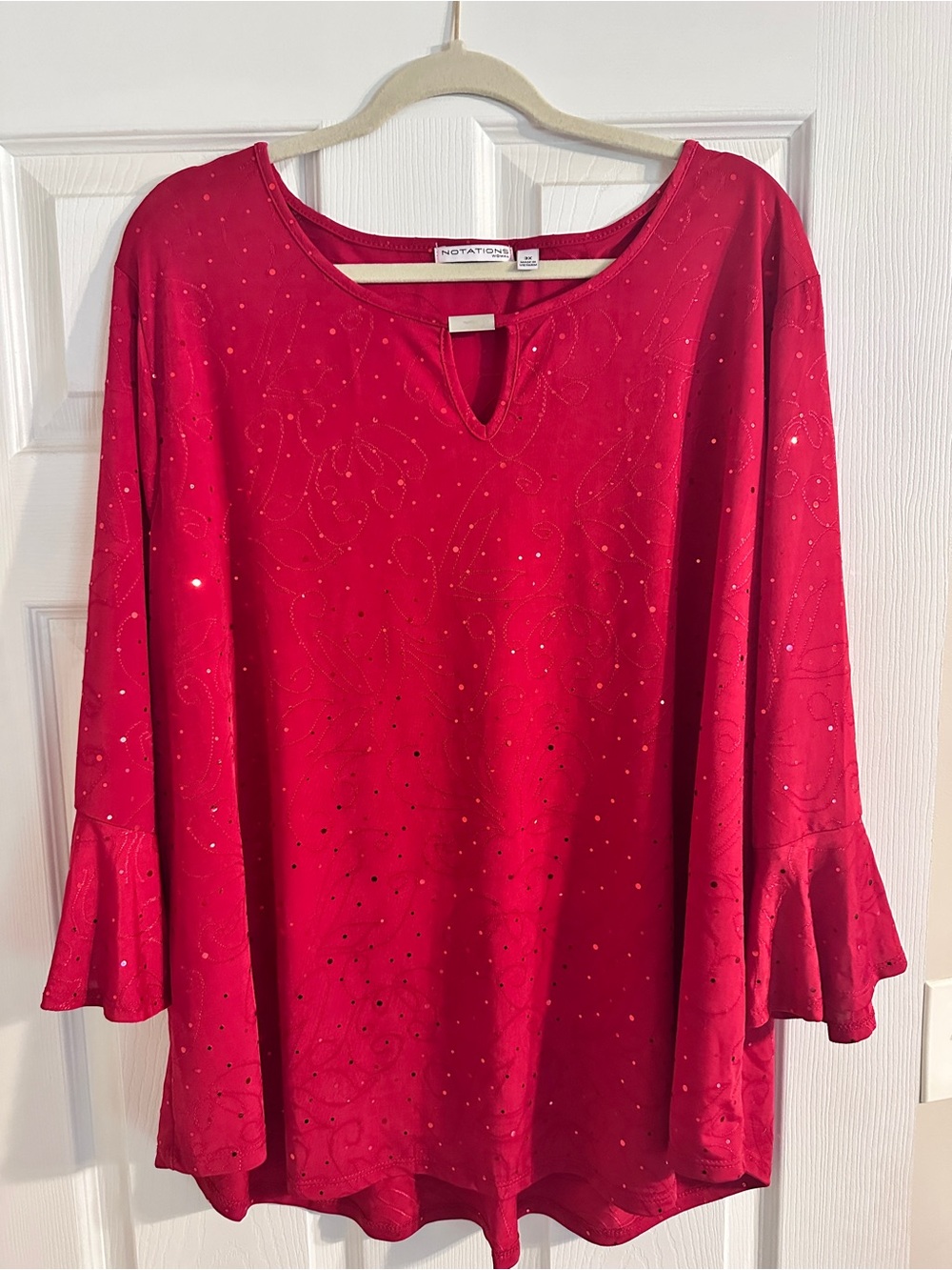 Notations Women's Ruby Red Keyhole Rhinestone Bell-Sleeve Tunic